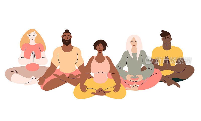 Flat style cartoon cute character, diverse group of people doing meditation in yoga pose. Healthcare, wellbeing, exercise, stress relief concept. Minimal vector illustration.
